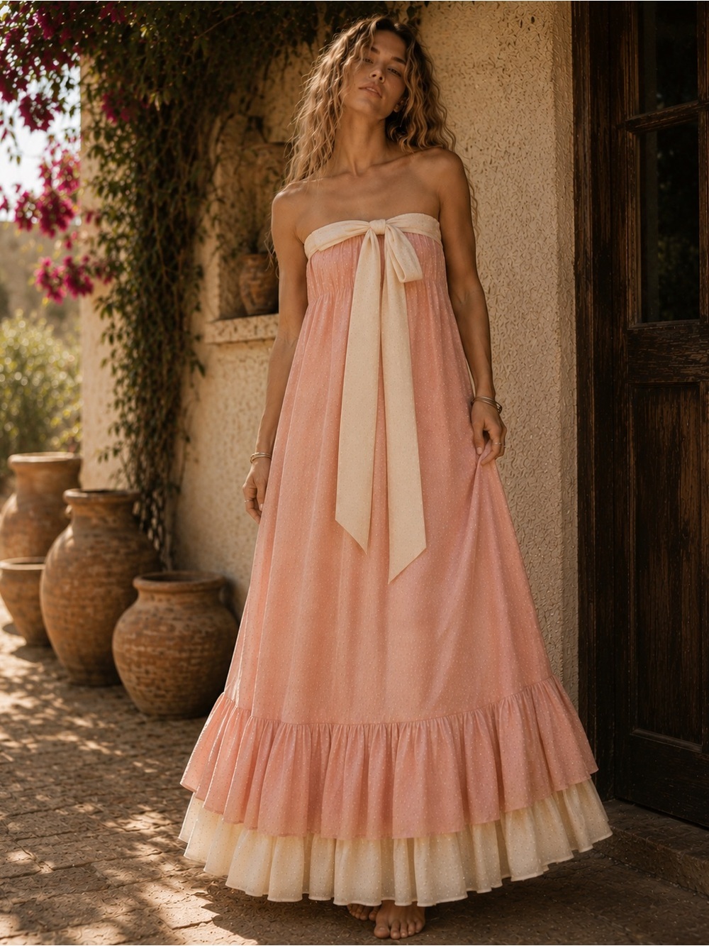 Handmade Strapless Prairie Maxi Dress Pink Cream Ruffle Hem Cottagecore Boho
